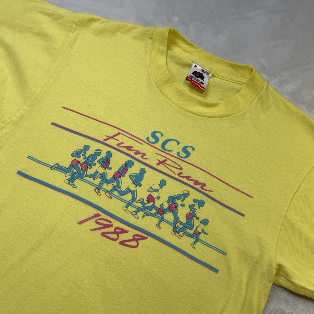 Vintage 1988 SCS Fun Run T Shirt USA Made Neon Yellow Running Race Tee M